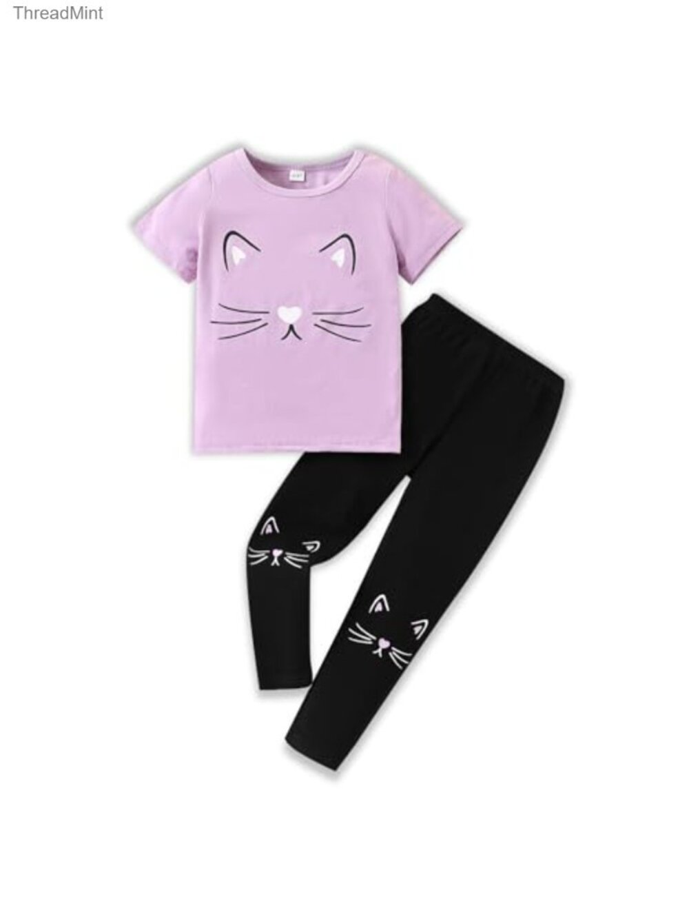 Kids 2 Piece Outfit Cat Print Top and Pants Sets Cotton Blend Short Sleeve